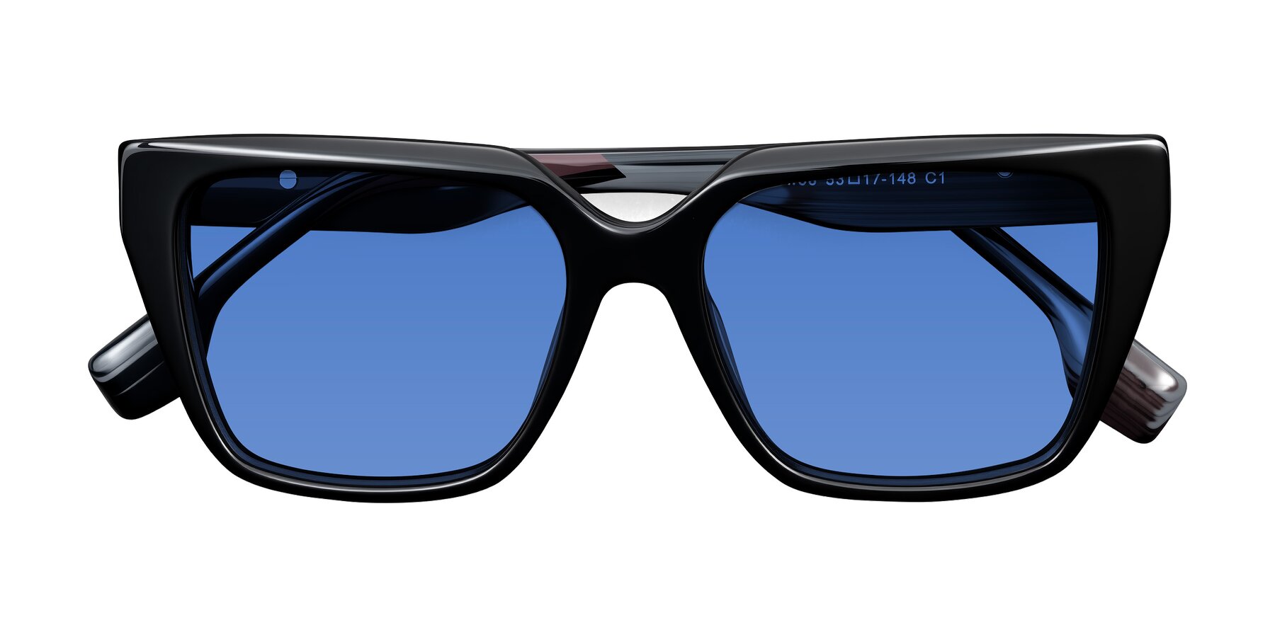 Folded Front of Gwee in Black/Gray Striped with Blue Tinted Lenses