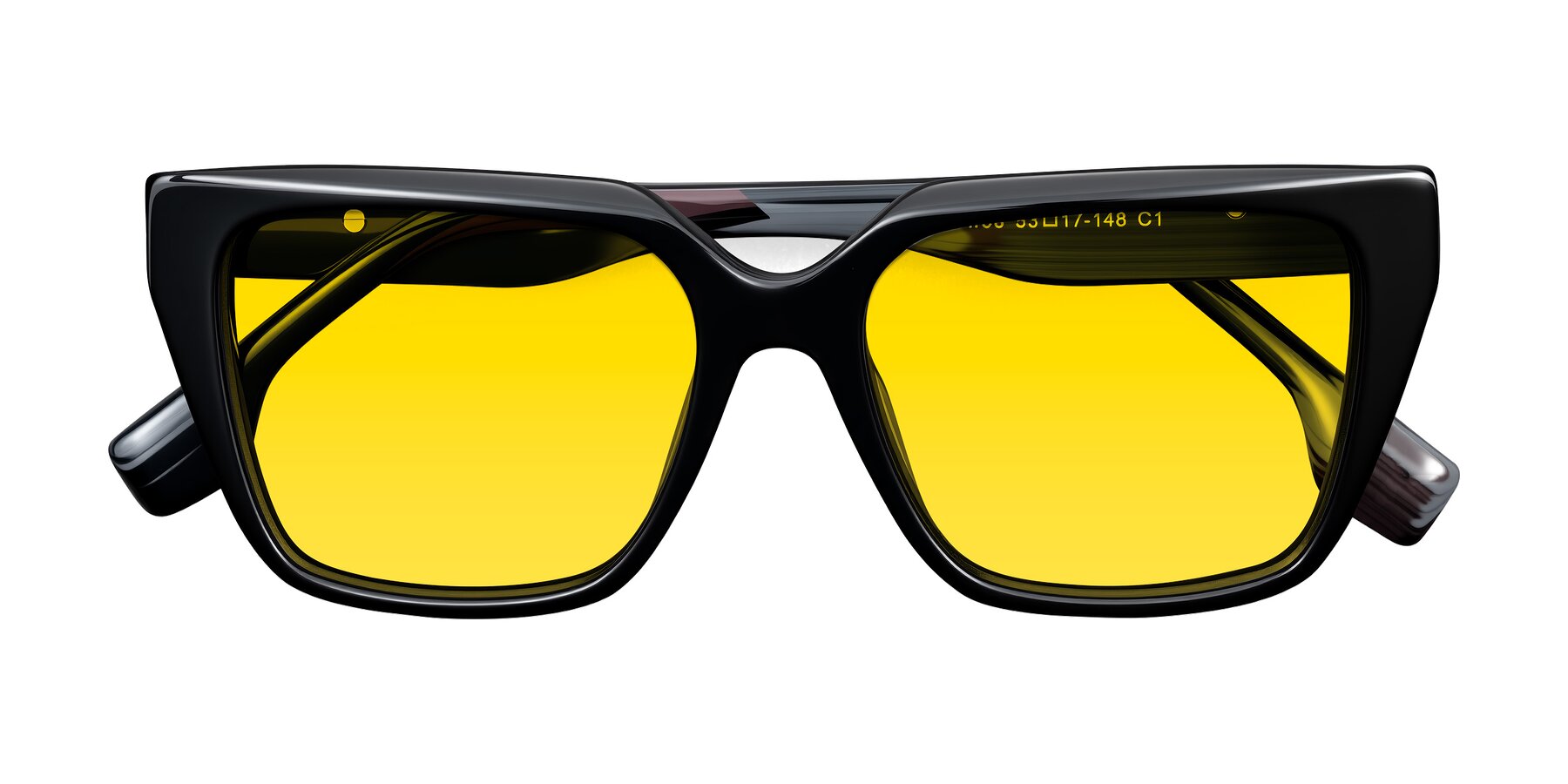 Folded Front of Gwee in Black/Gray Striped with Yellow Tinted Lenses