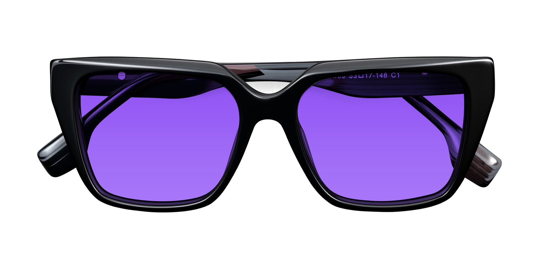 Folded Front of Gwee in Black/Gray Striped with Purple Tinted Lenses