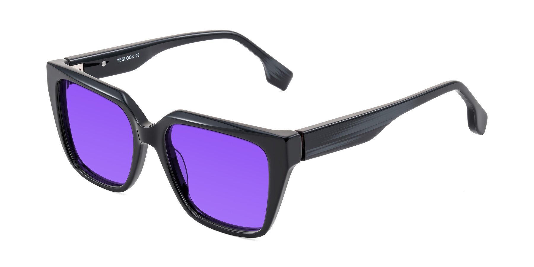 Angle of Gwee in Black/Gray Striped with Purple Tinted Lenses