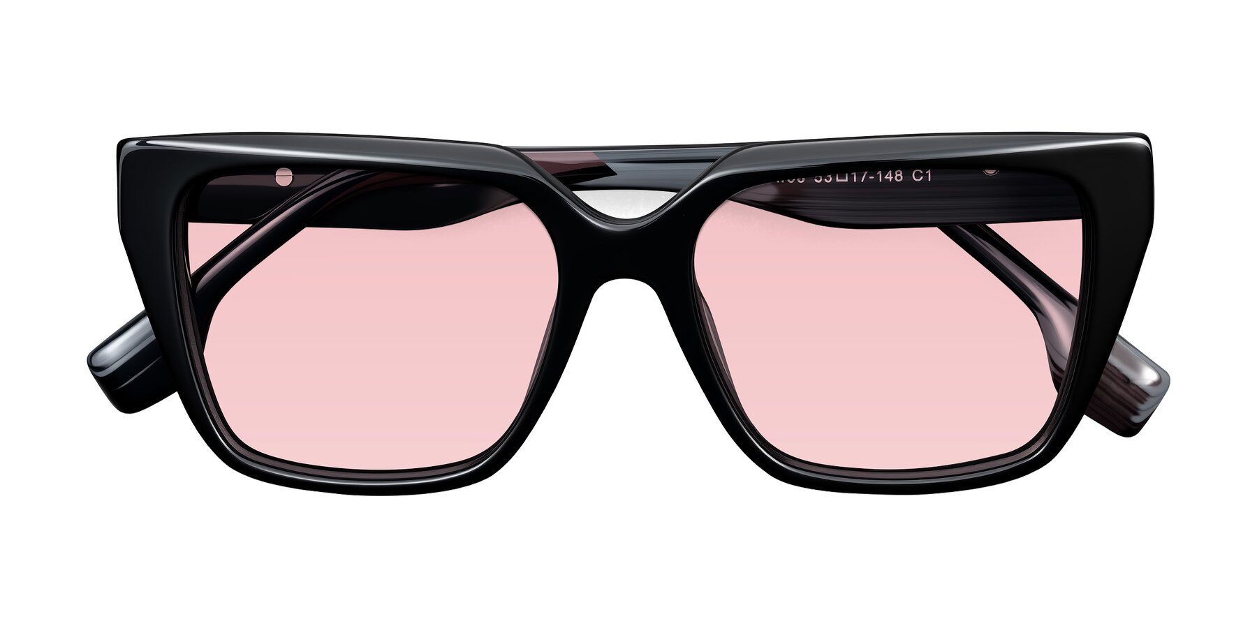 Folded Front of Gwee in Black/Gray Striped with Light Garnet Tinted Lenses