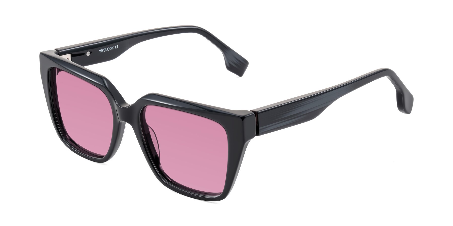 Angle of Gwee in Black/Gray Striped with Medium Wine Tinted Lenses