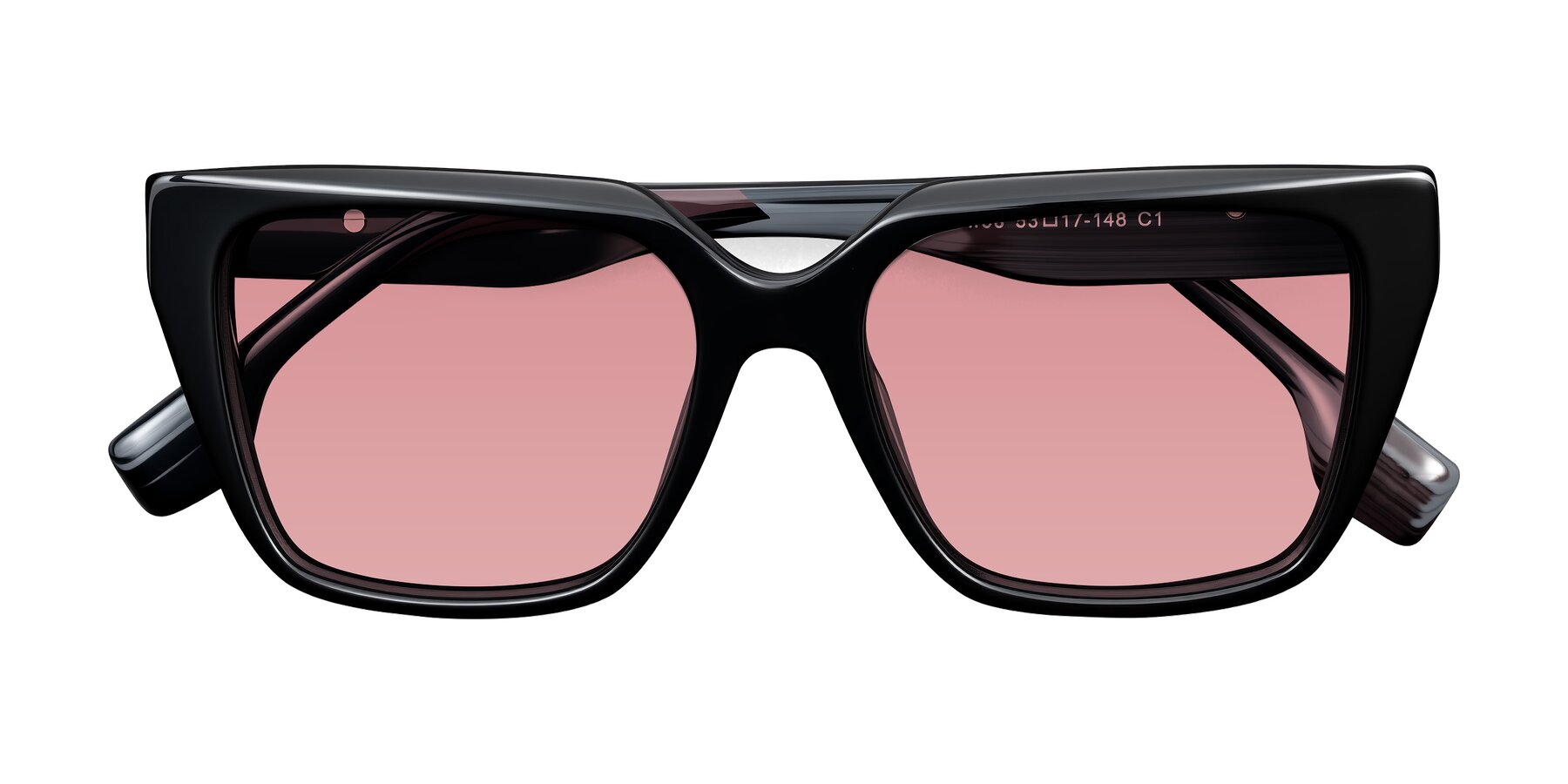 Folded Front of Gwee in Black/Gray Striped with Medium Garnet Tinted Lenses