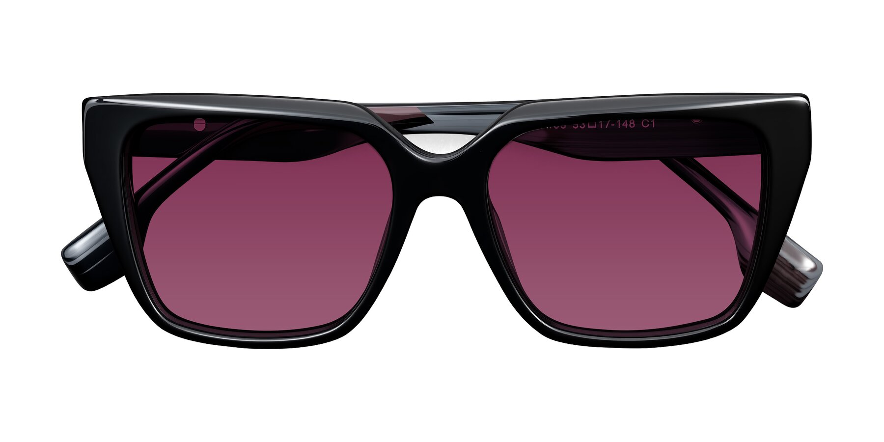 Folded Front of Gwee in Black/Gray Striped with Wine Tinted Lenses