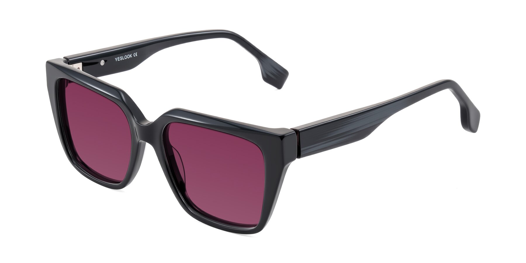 Angle of Gwee in Black/Gray Striped with Wine Tinted Lenses