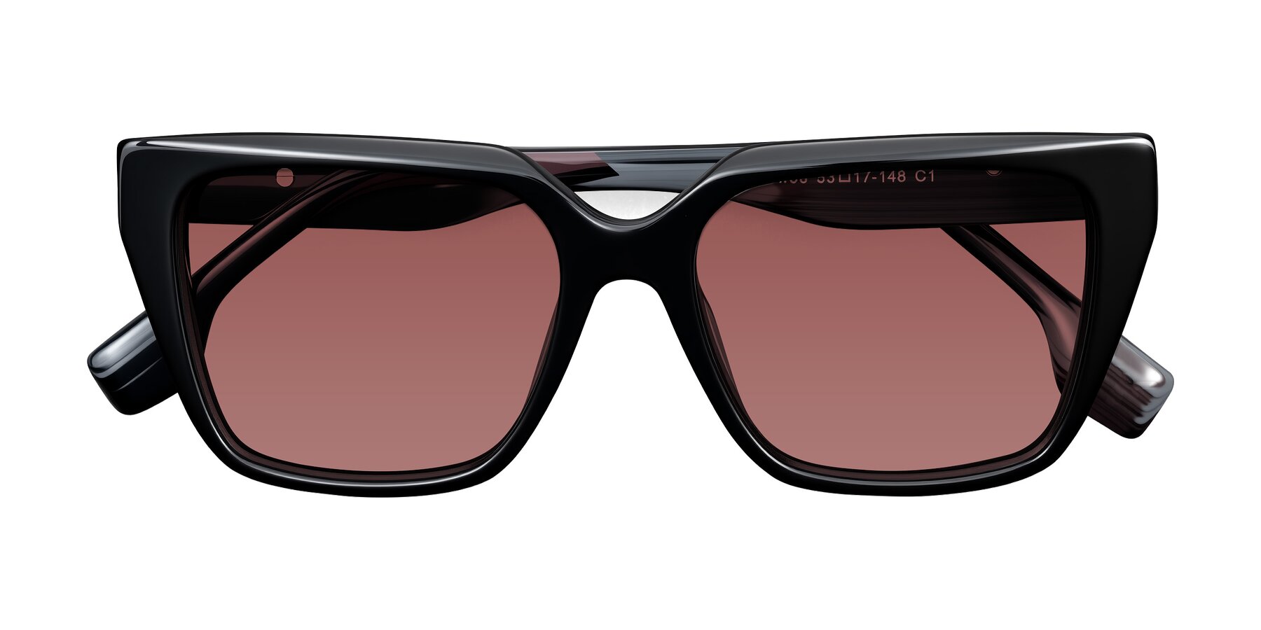 Folded Front of Gwee in Black/Gray Striped with Garnet Tinted Lenses