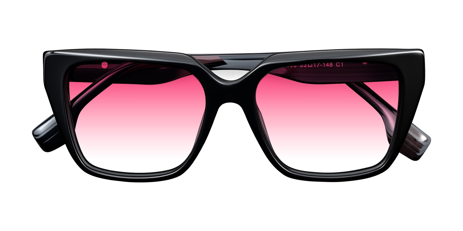 Folded Front of Gwee in Black/Gray Striped with Pink Gradient Lenses
