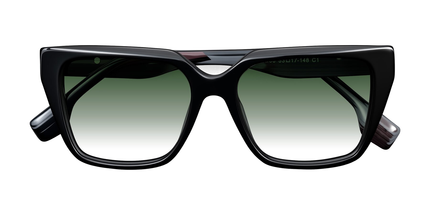 Folded Front of Gwee in Black/Gray Striped with Green Gradient Lenses