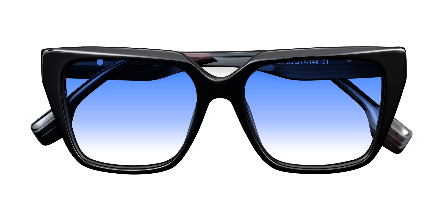 Folded Front of Gwee in Black/Gray Striped with Blue Gradient Lenses