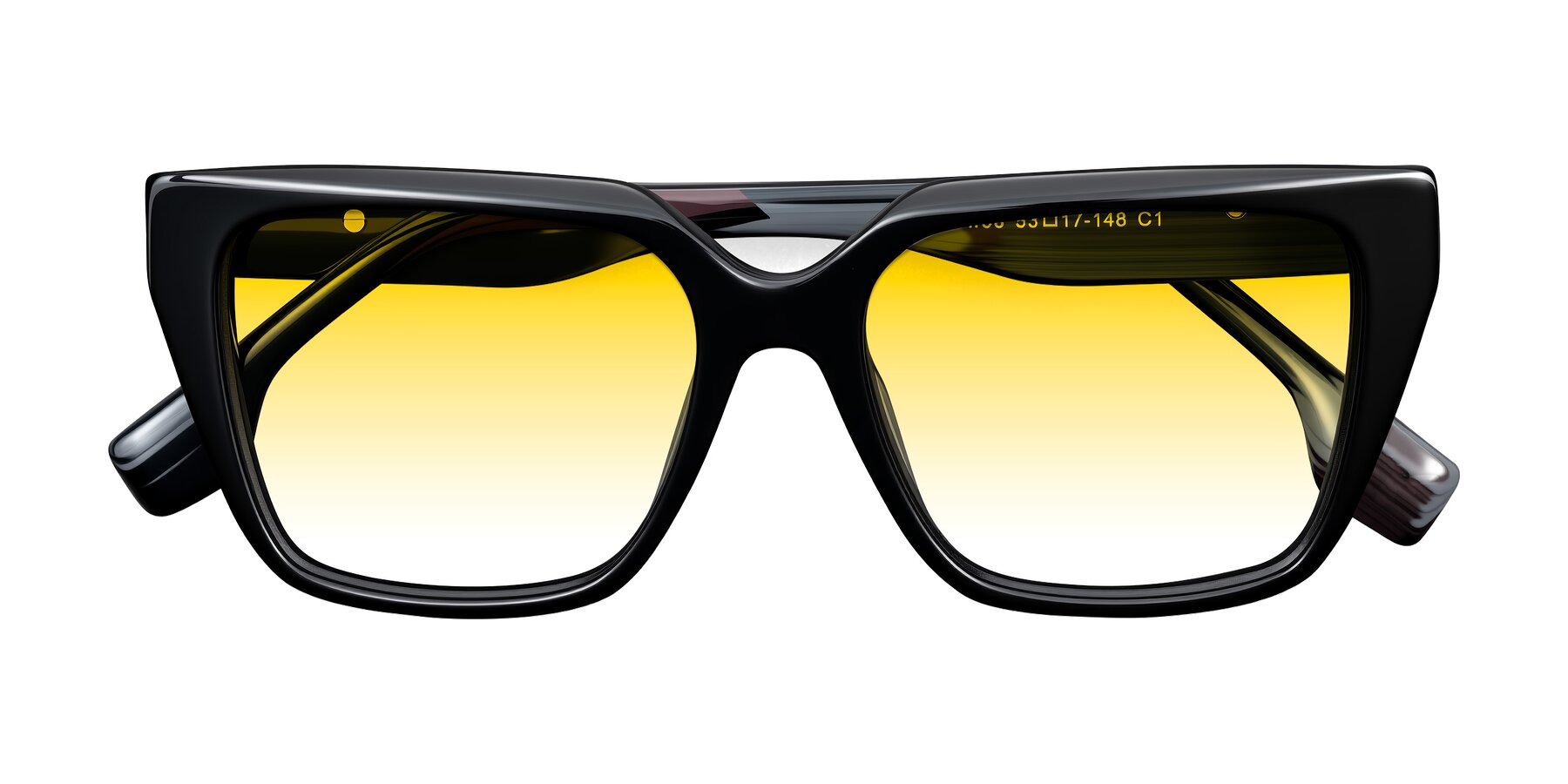 Folded Front of Gwee in Black/Gray Striped with Yellow Gradient Lenses