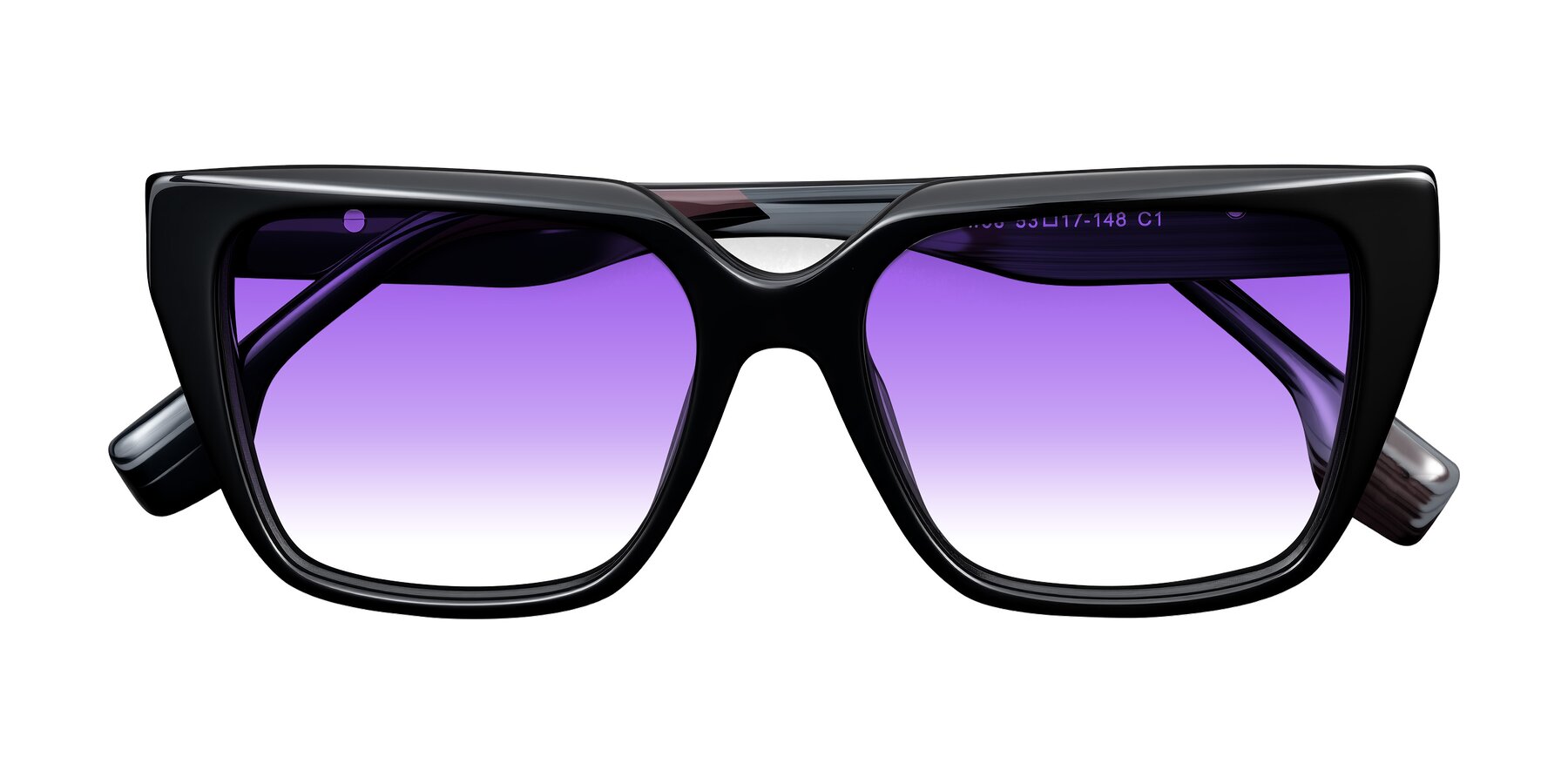 Folded Front of Gwee in Black/Gray Striped with Purple Gradient Lenses