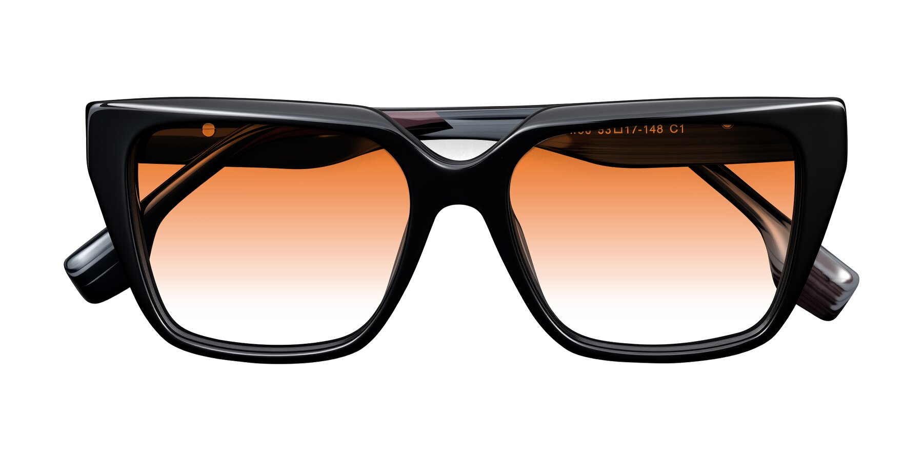 Folded Front of Gwee in Black/Gray Striped with Orange Gradient Lenses