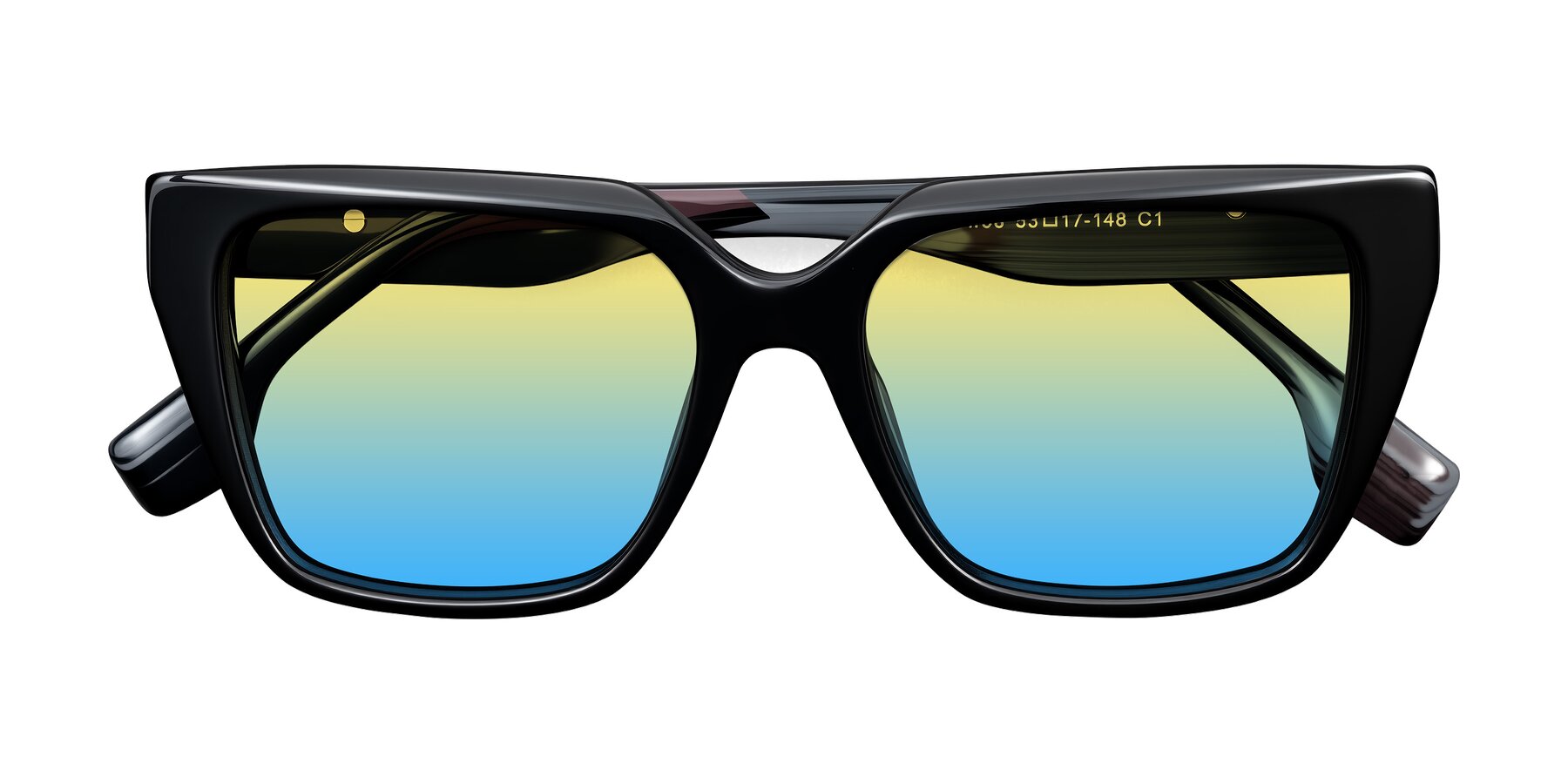 Folded Front of Gwee in Black/Gray Striped with Yellow / Blue Gradient Lenses