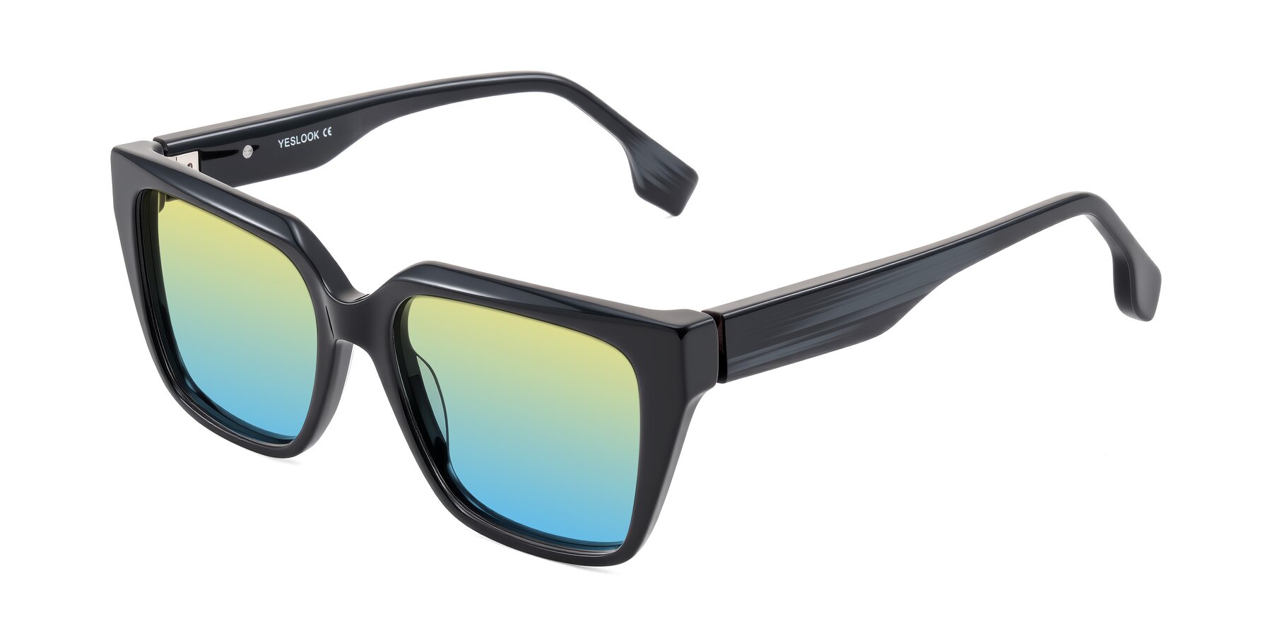 Angle of Gwee in Black/Gray Striped with Yellow / Blue Gradient Lenses