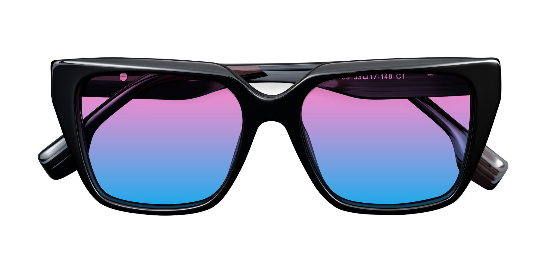 Folded Front of Gwee in Black/Gray Striped with Pink / Blue Gradient Lenses