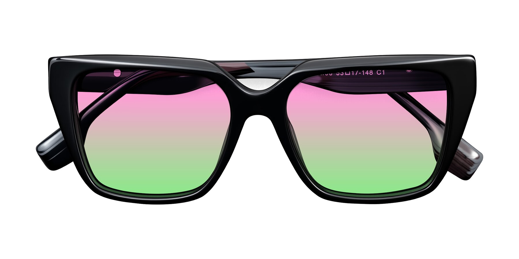 Folded Front of Gwee in Black/Gray Striped with Pink / Green Gradient Lenses
