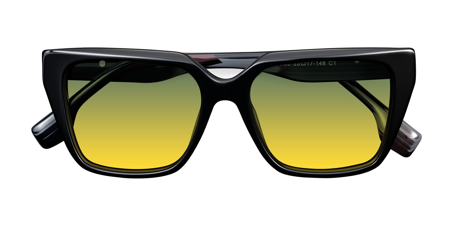 Folded Front of Gwee in Black/Gray Striped with Green / Yellow Gradient Lenses