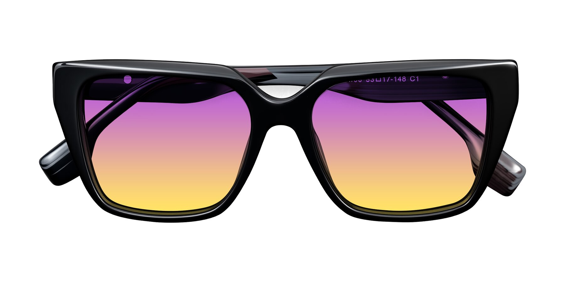 Folded Front of Gwee in Black/Gray Striped with Purple / Yellow Gradient Lenses