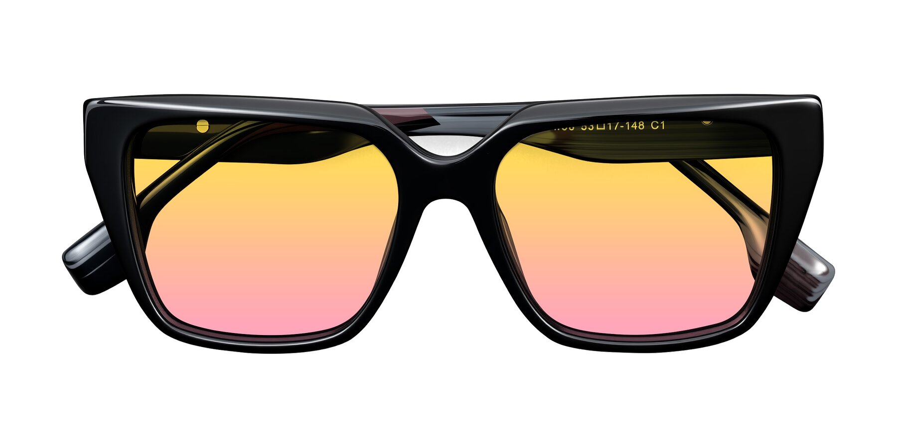 Folded Front of Gwee in Black/Gray Striped with Yellow / Pink Gradient Lenses