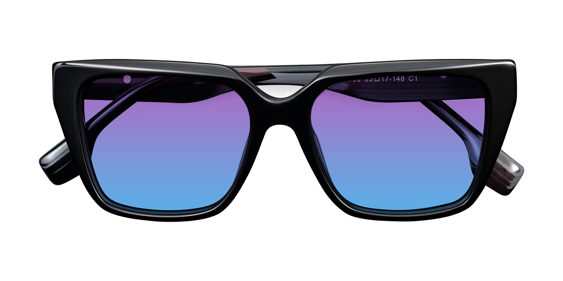 Folded Front of Gwee in Black/Gray Striped with Purple / Blue Gradient Lenses