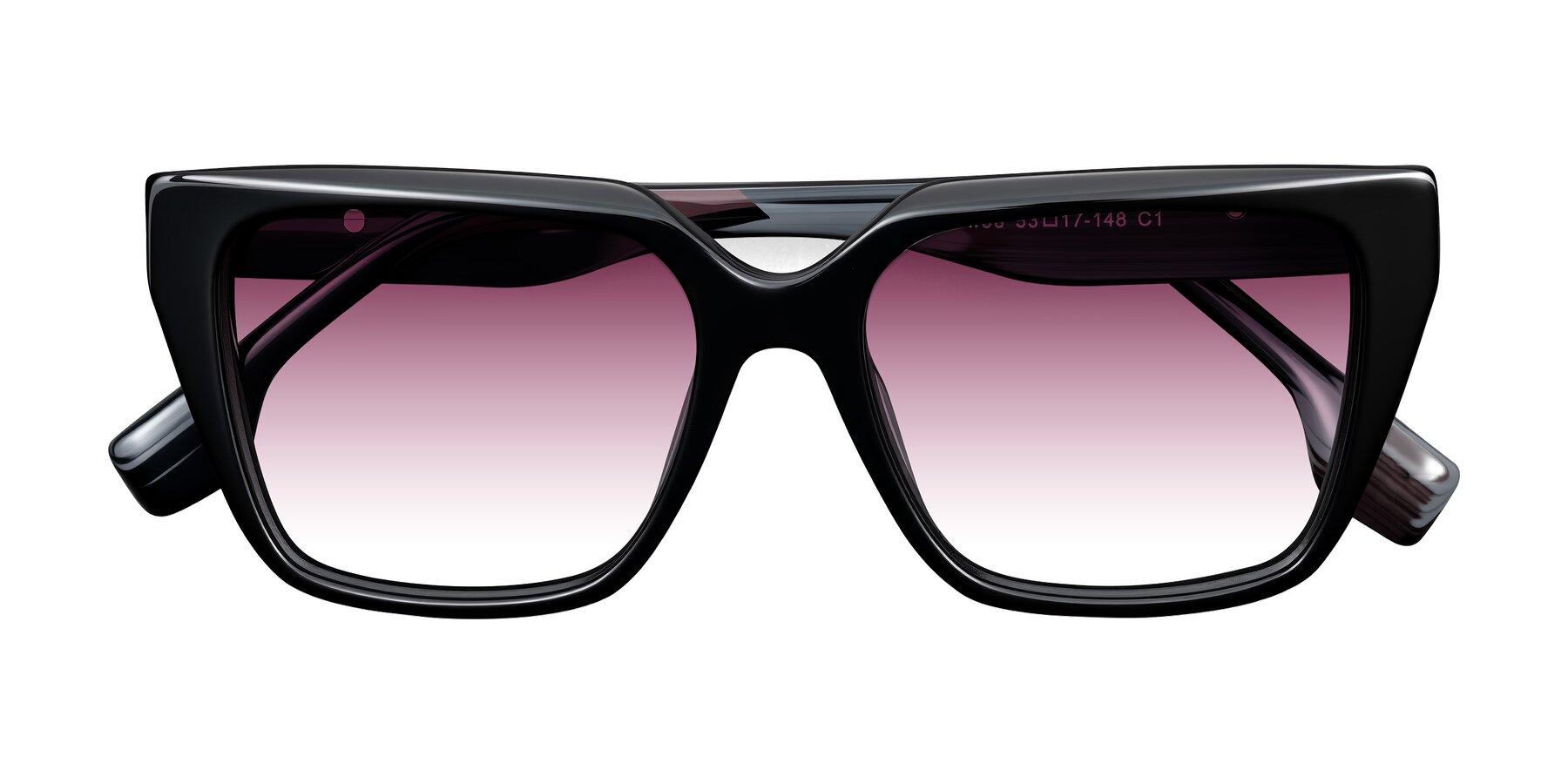 Folded Front of Gwee in Black/Gray Striped with Wine Gradient Lenses