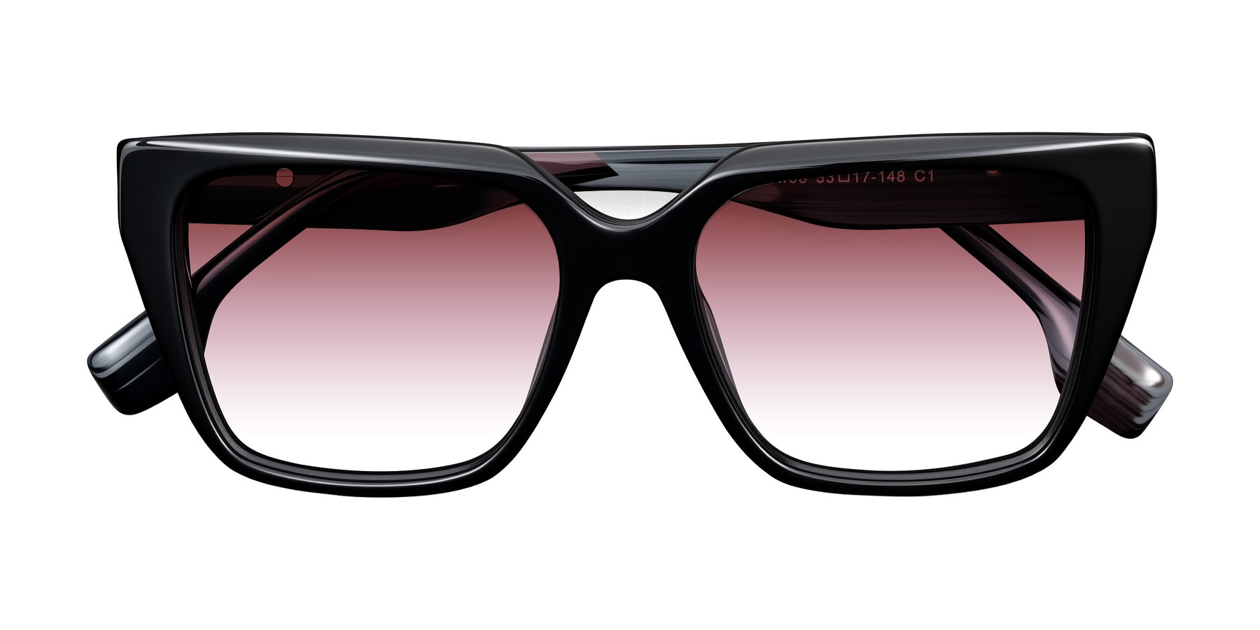 Folded Front of Gwee in Black/Gray Striped with Garnet Gradient Lenses