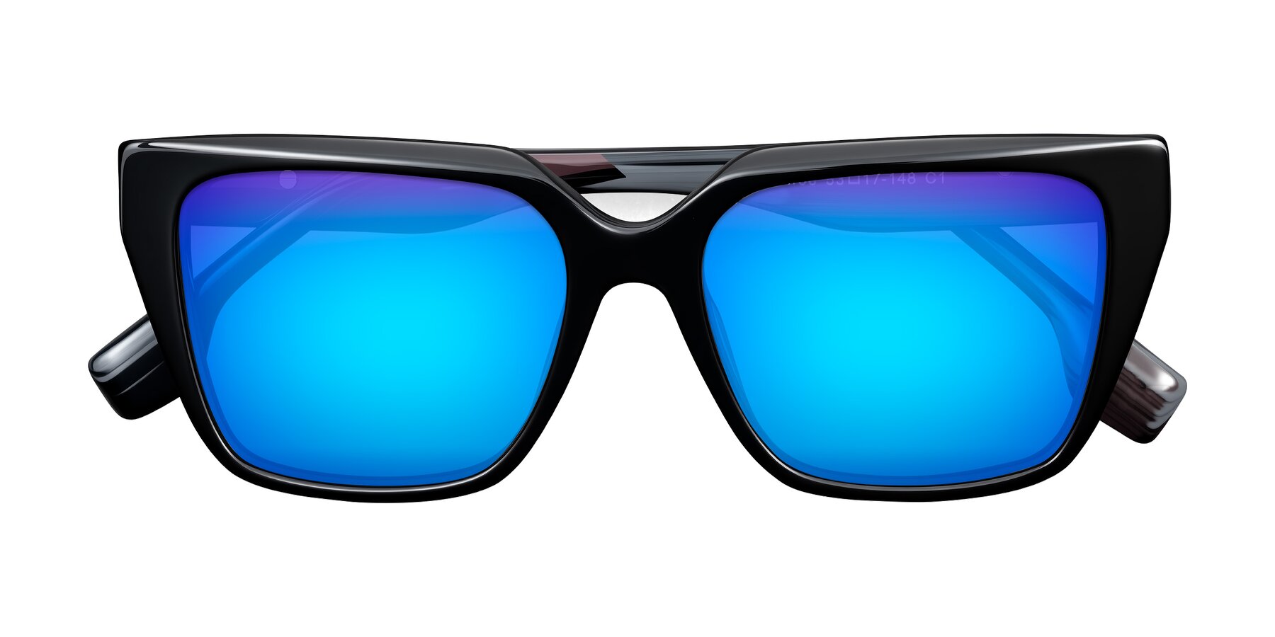 Folded Front of Gwee in Black/Gray Striped with Blue Mirrored Lenses