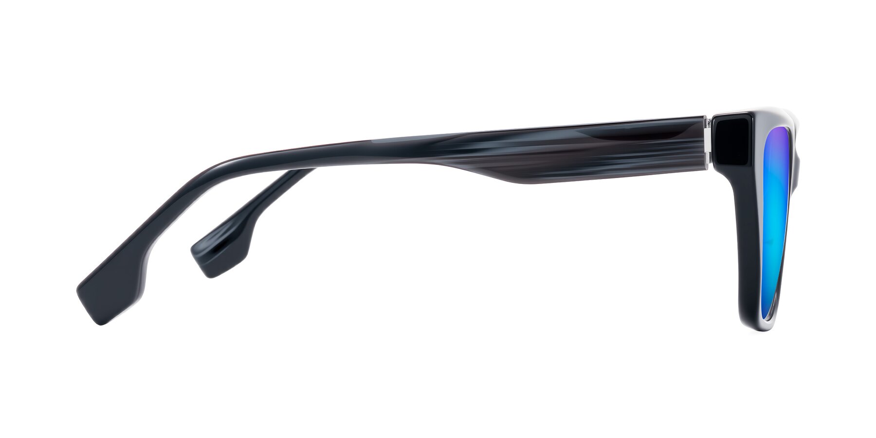 Side of Gwee in Black/Gray Striped with Blue Mirrored Lenses
