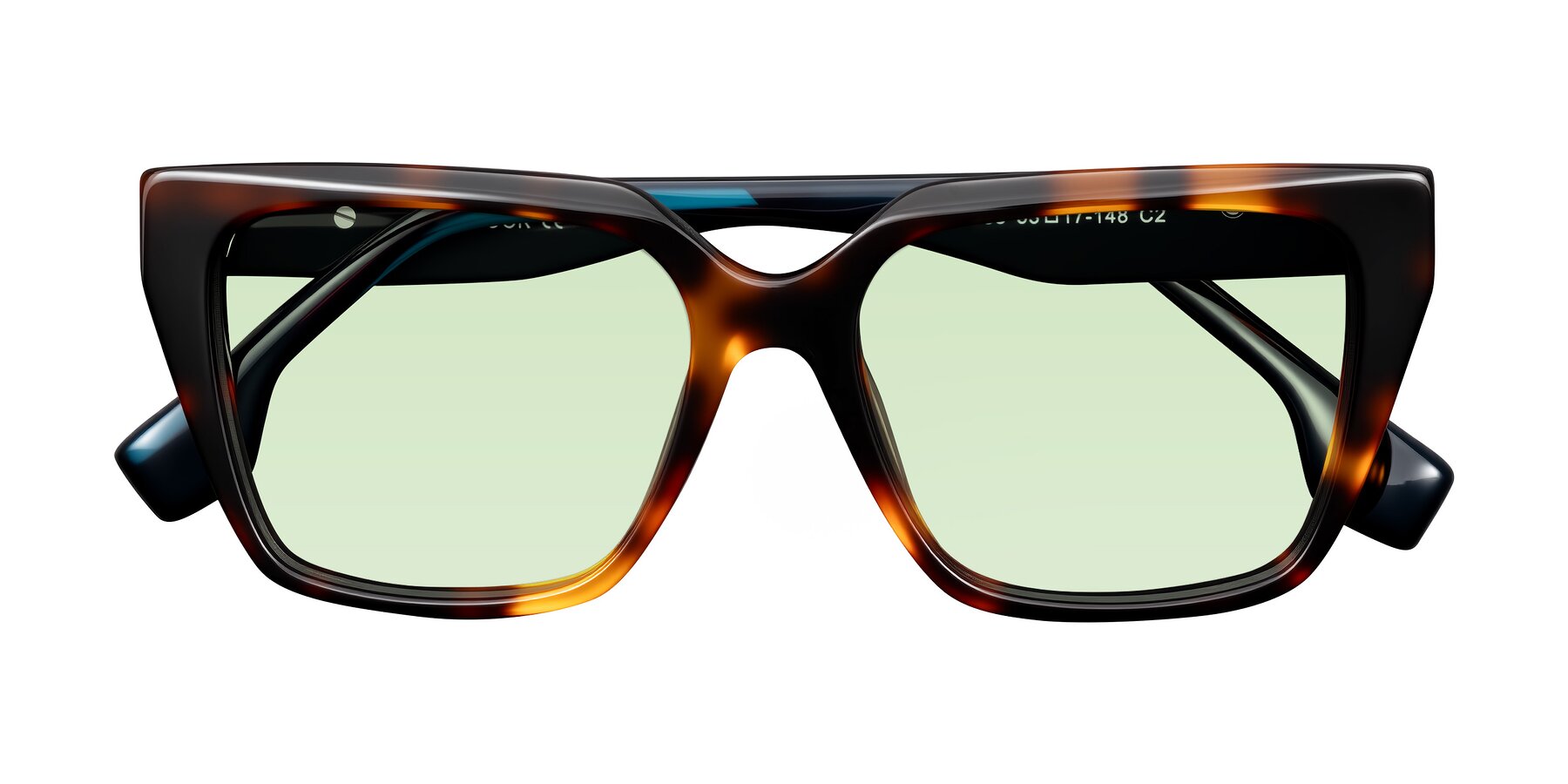 Folded Front of Gwee in Trortoise/Teal Striped with Light Green Tinted Lenses