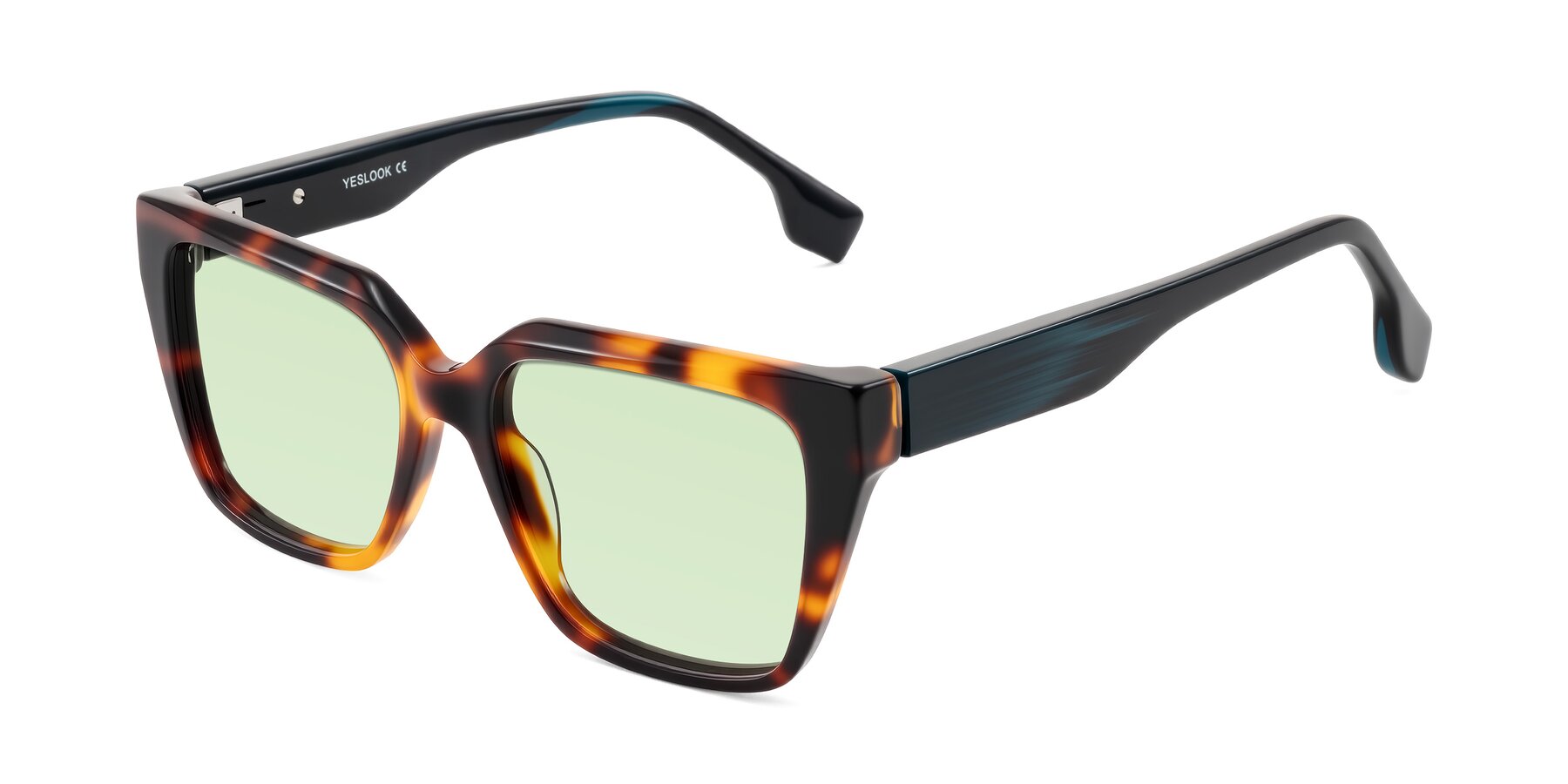 Angle of Gwee in Trortoise/Teal Striped with Light Green Tinted Lenses