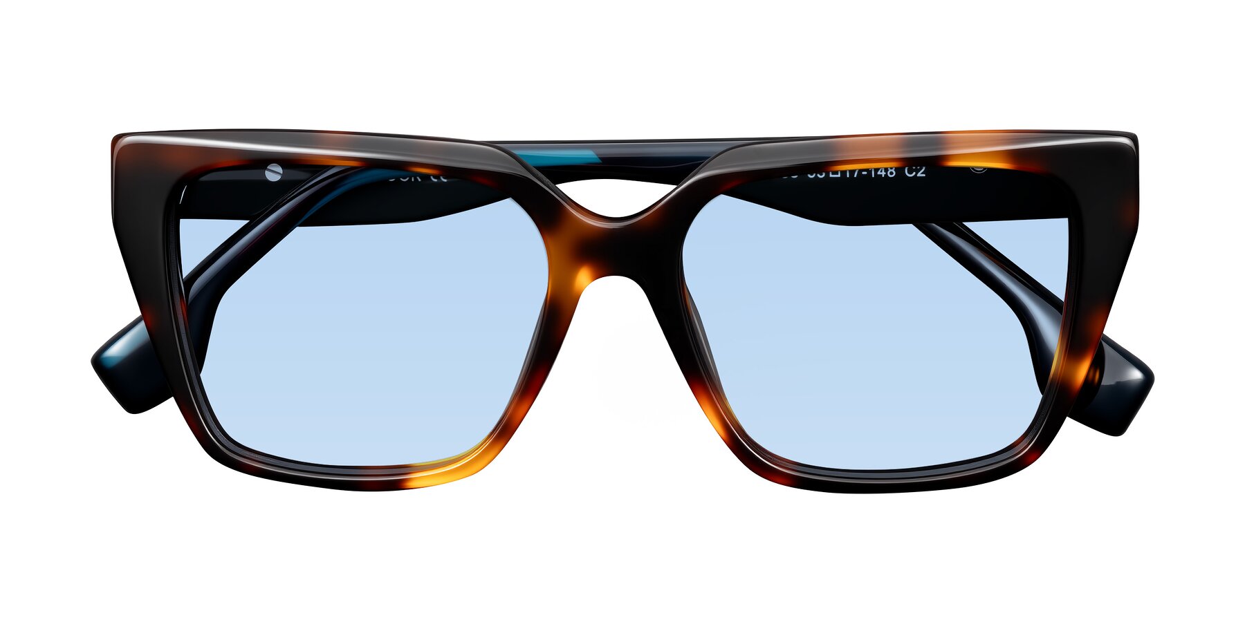 Folded Front of Gwee in Trortoise/Teal Striped with Light Blue Tinted Lenses