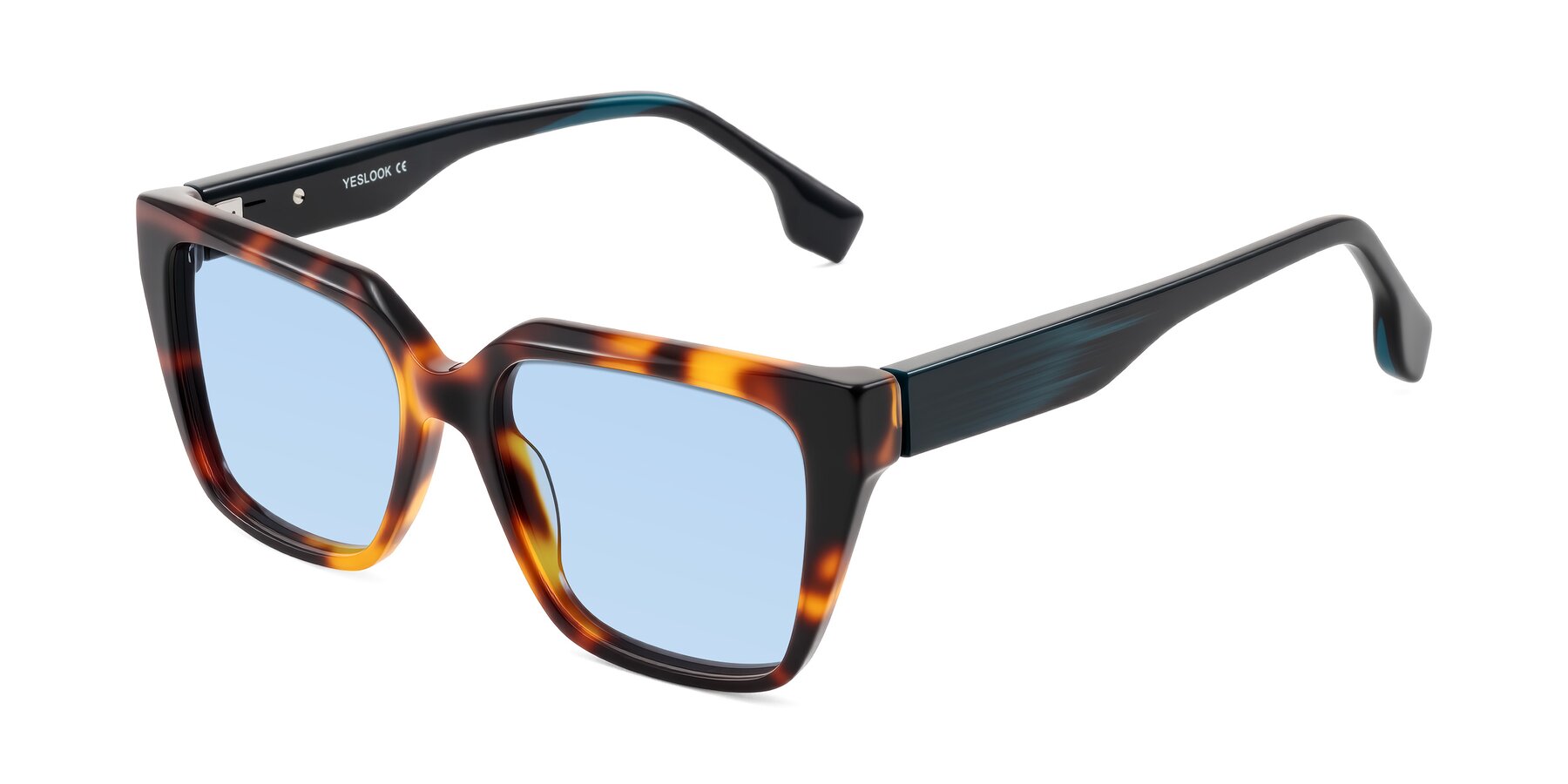 Angle of Gwee in Trortoise/Teal Striped with Light Blue Tinted Lenses