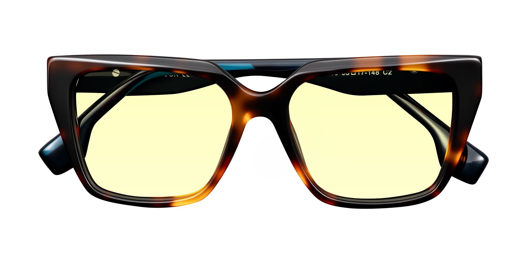 Folded Front of Gwee in Trortoise/Teal Striped with Light Yellow Tinted Lenses