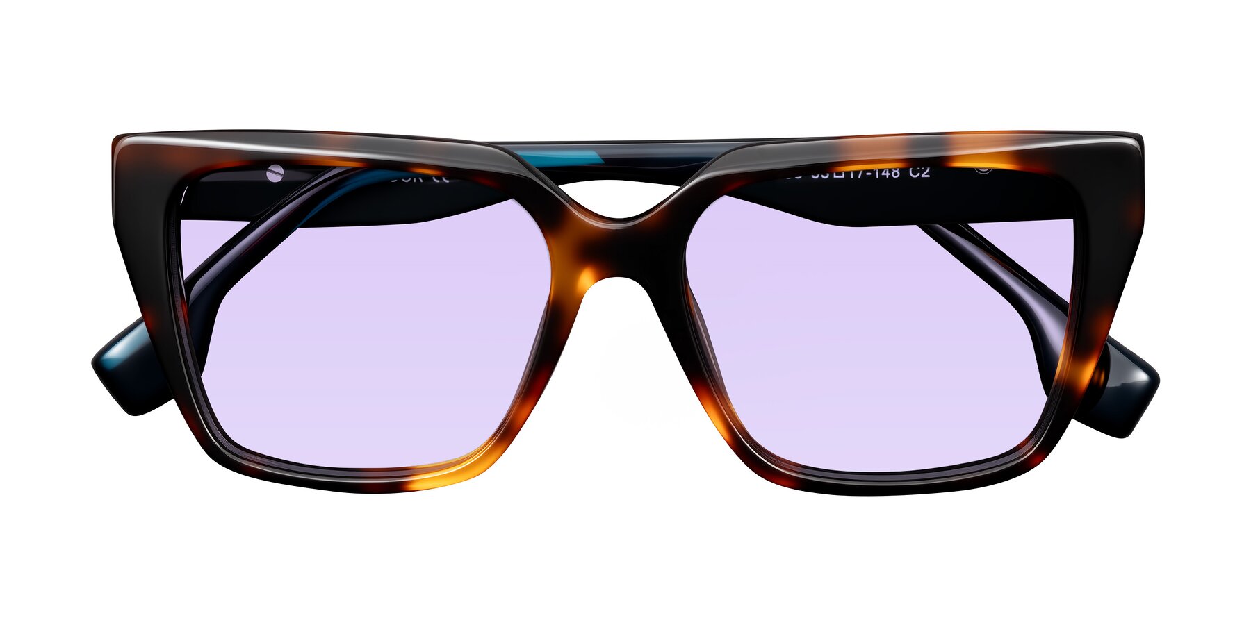 Folded Front of Gwee in Trortoise/Teal Striped with Light Purple Tinted Lenses