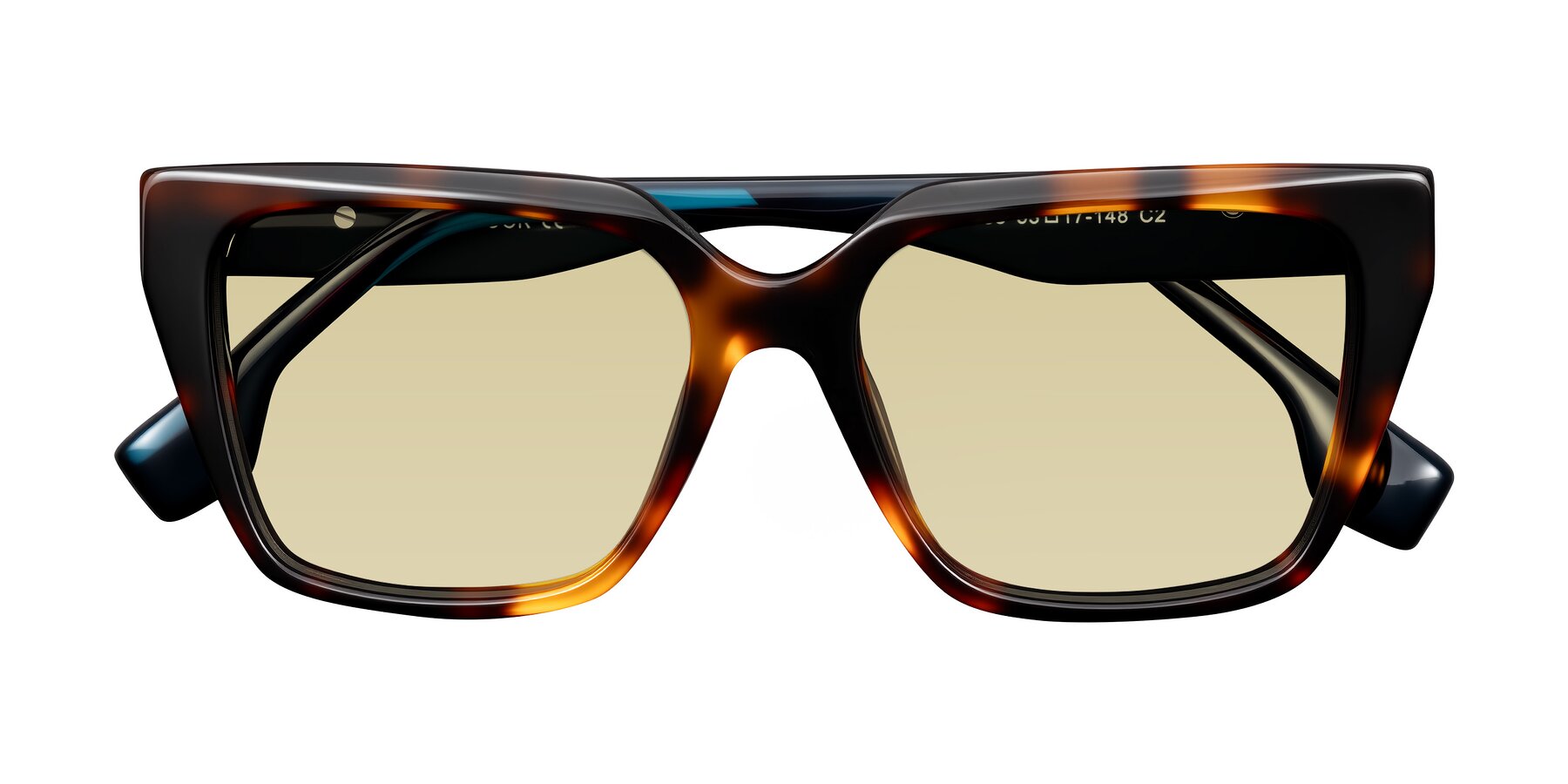 Folded Front of Gwee in Trortoise/Teal Striped with Light Champagne Tinted Lenses