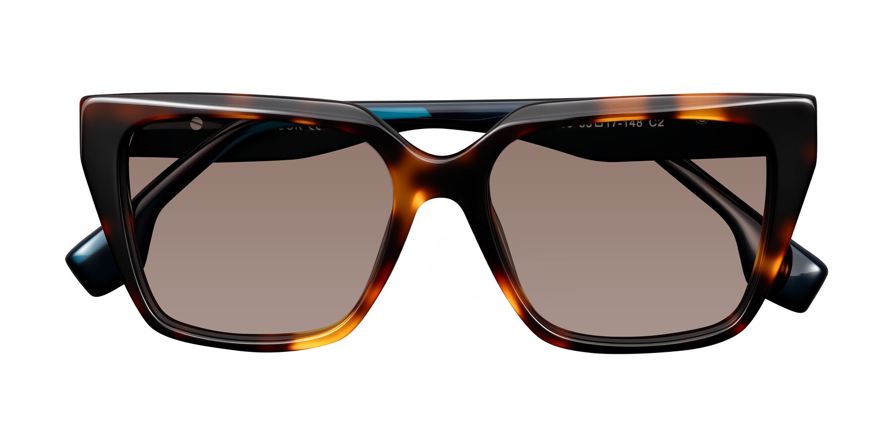 Folded Front of Gwee in Trortoise/Teal Striped with Medium Brown Tinted Lenses