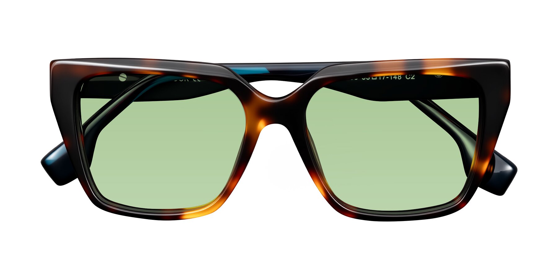 Folded Front of Gwee in Trortoise/Teal Striped with Medium Green Tinted Lenses