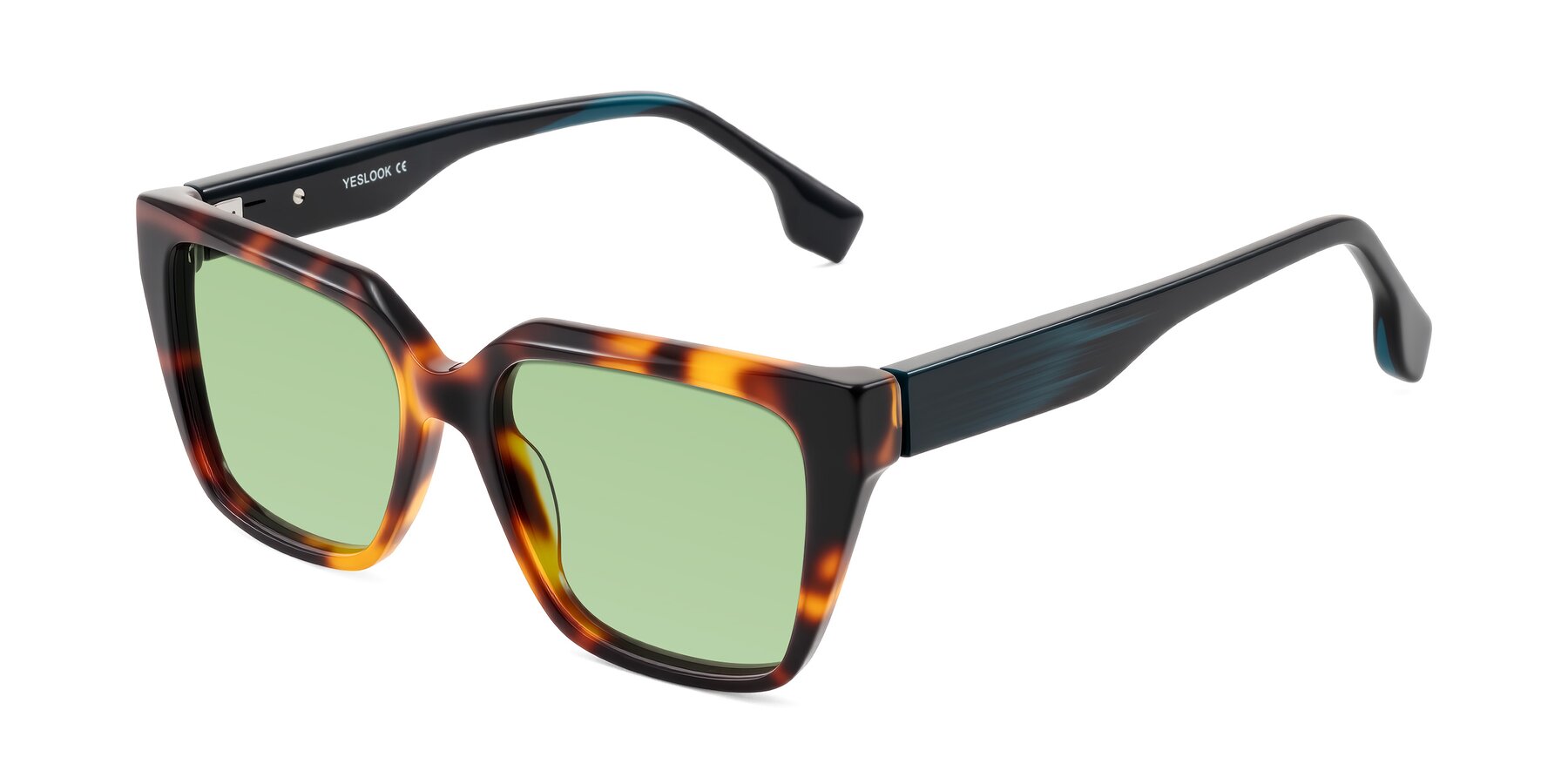 Angle of Gwee in Trortoise/Teal Striped with Medium Green Tinted Lenses