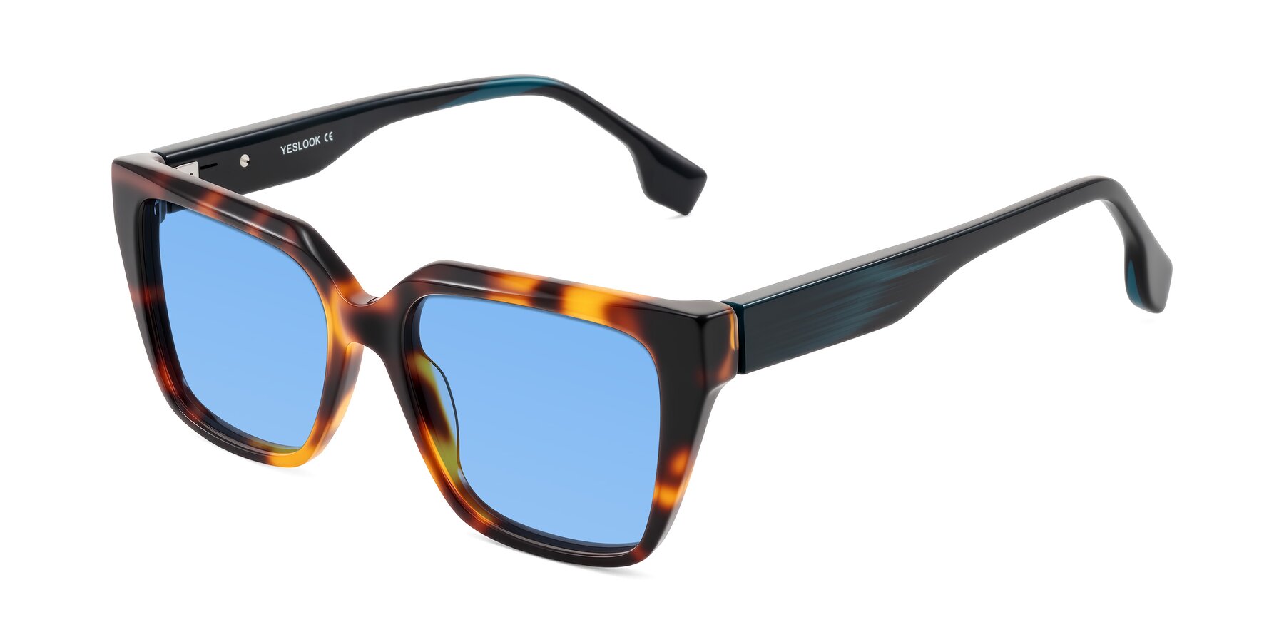 Angle of Gwee in Trortoise/Teal Striped with Medium Blue Tinted Lenses