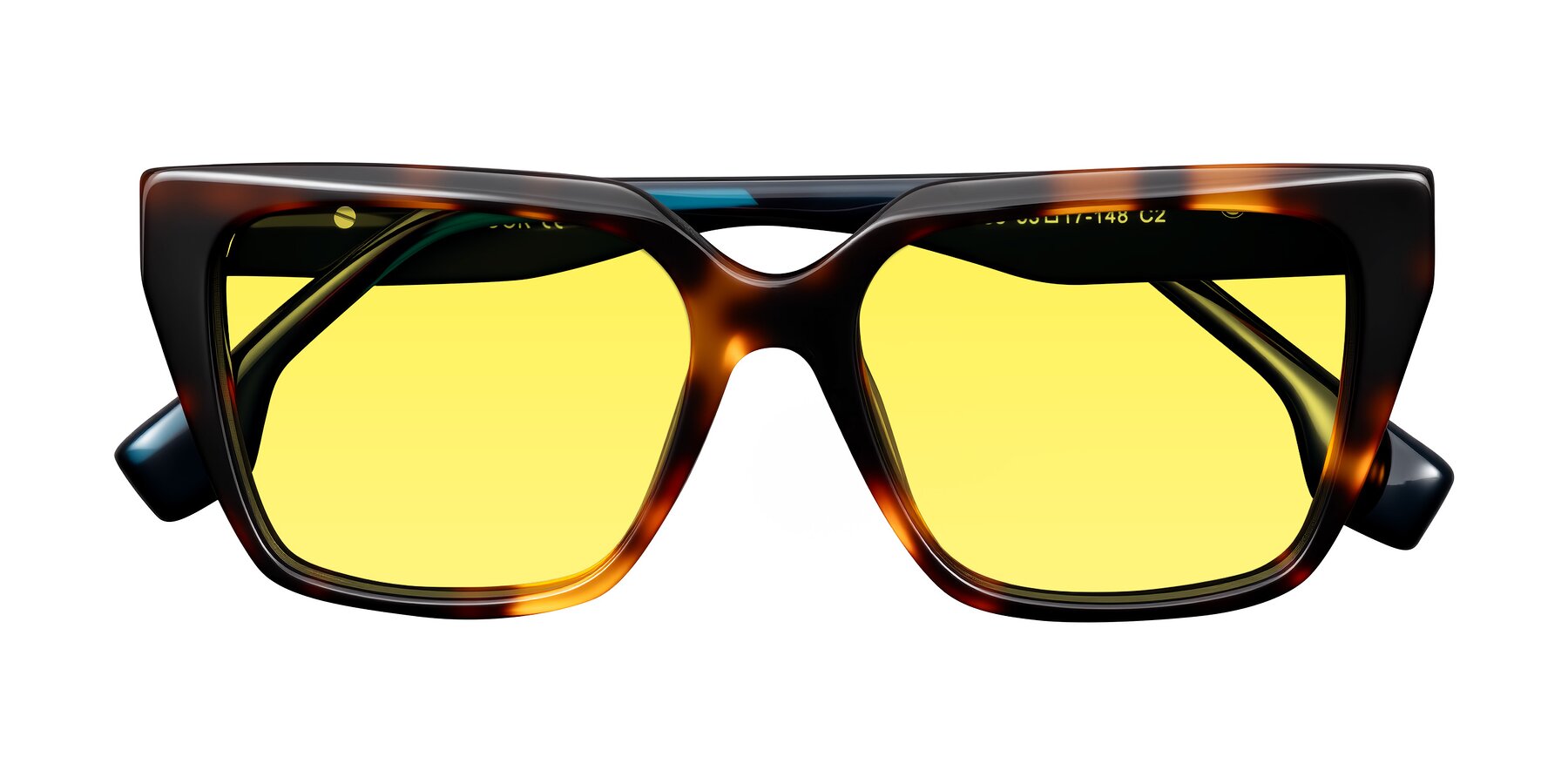 Folded Front of Gwee in Trortoise/Teal Striped with Medium Yellow Tinted Lenses