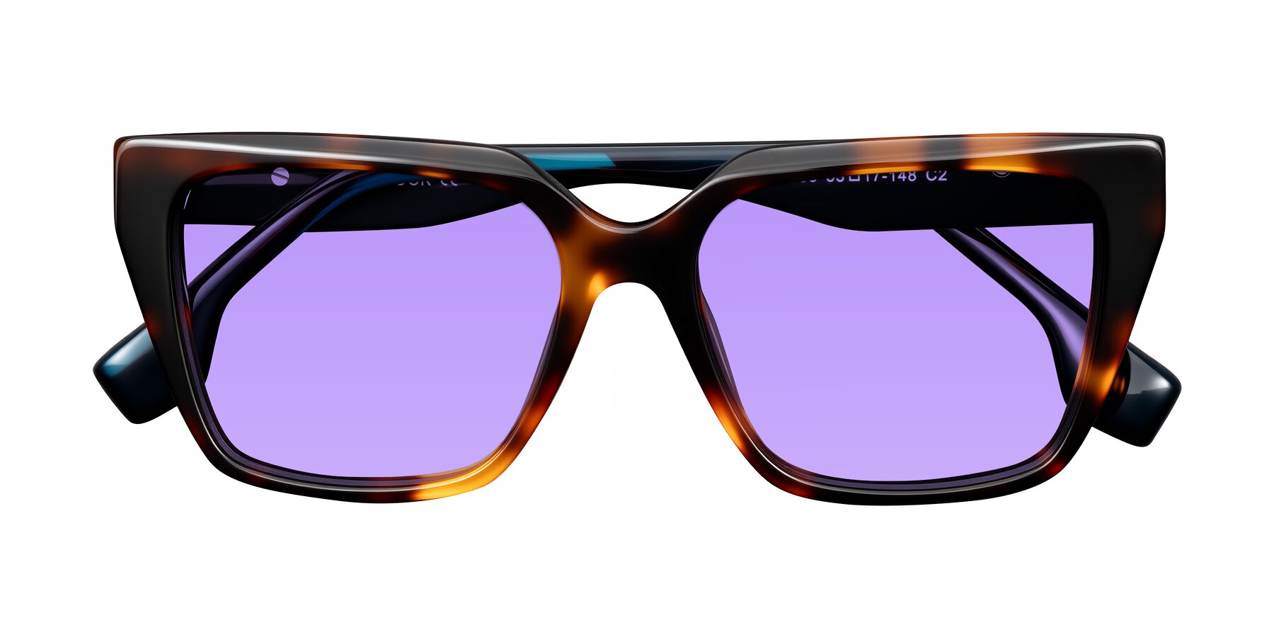 Folded Front of Gwee in Trortoise/Teal Striped with Medium Purple Tinted Lenses