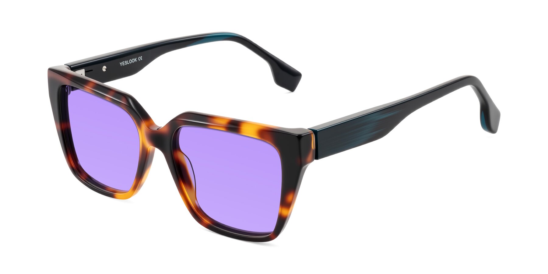 Angle of Gwee in Trortoise/Teal Striped with Medium Purple Tinted Lenses