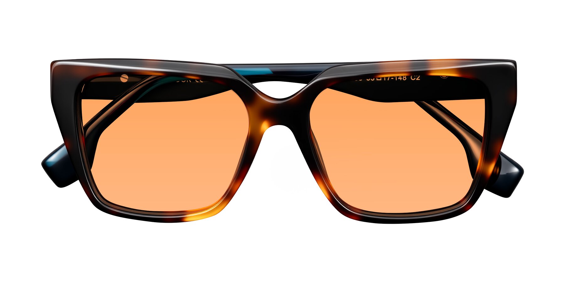Folded Front of Gwee in Trortoise/Teal Striped with Medium Orange Tinted Lenses