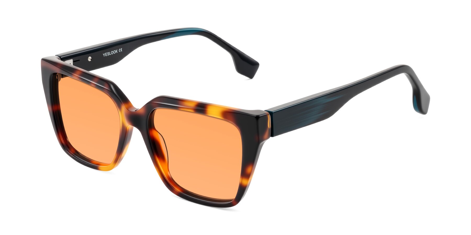Angle of Gwee in Trortoise/Teal Striped with Medium Orange Tinted Lenses