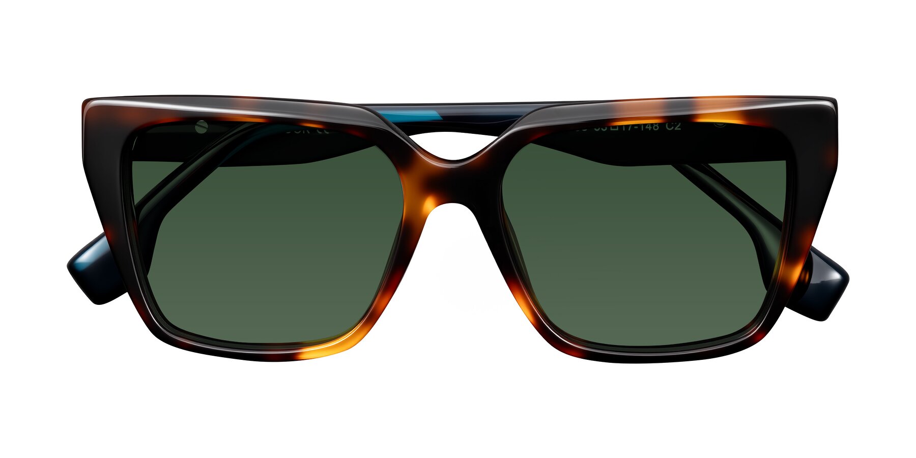 Folded Front of Gwee in Trortoise/Teal Striped with Green Tinted Lenses