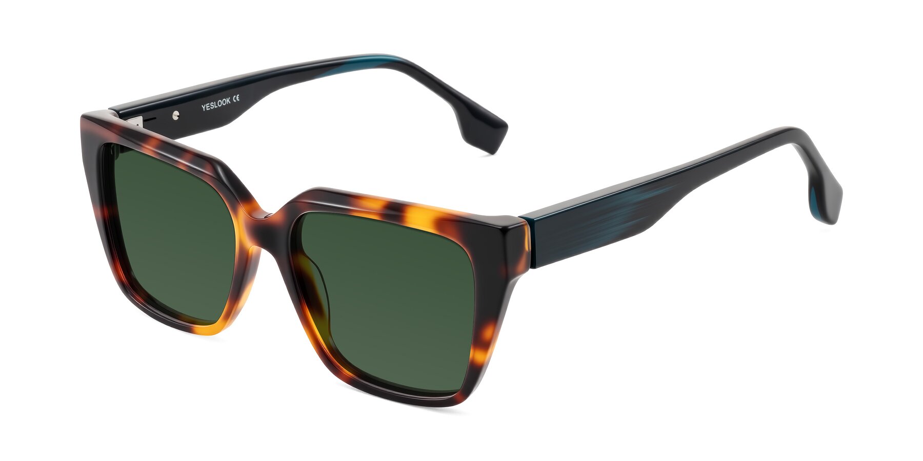 Angle of Gwee in Trortoise/Teal Striped with Green Tinted Lenses