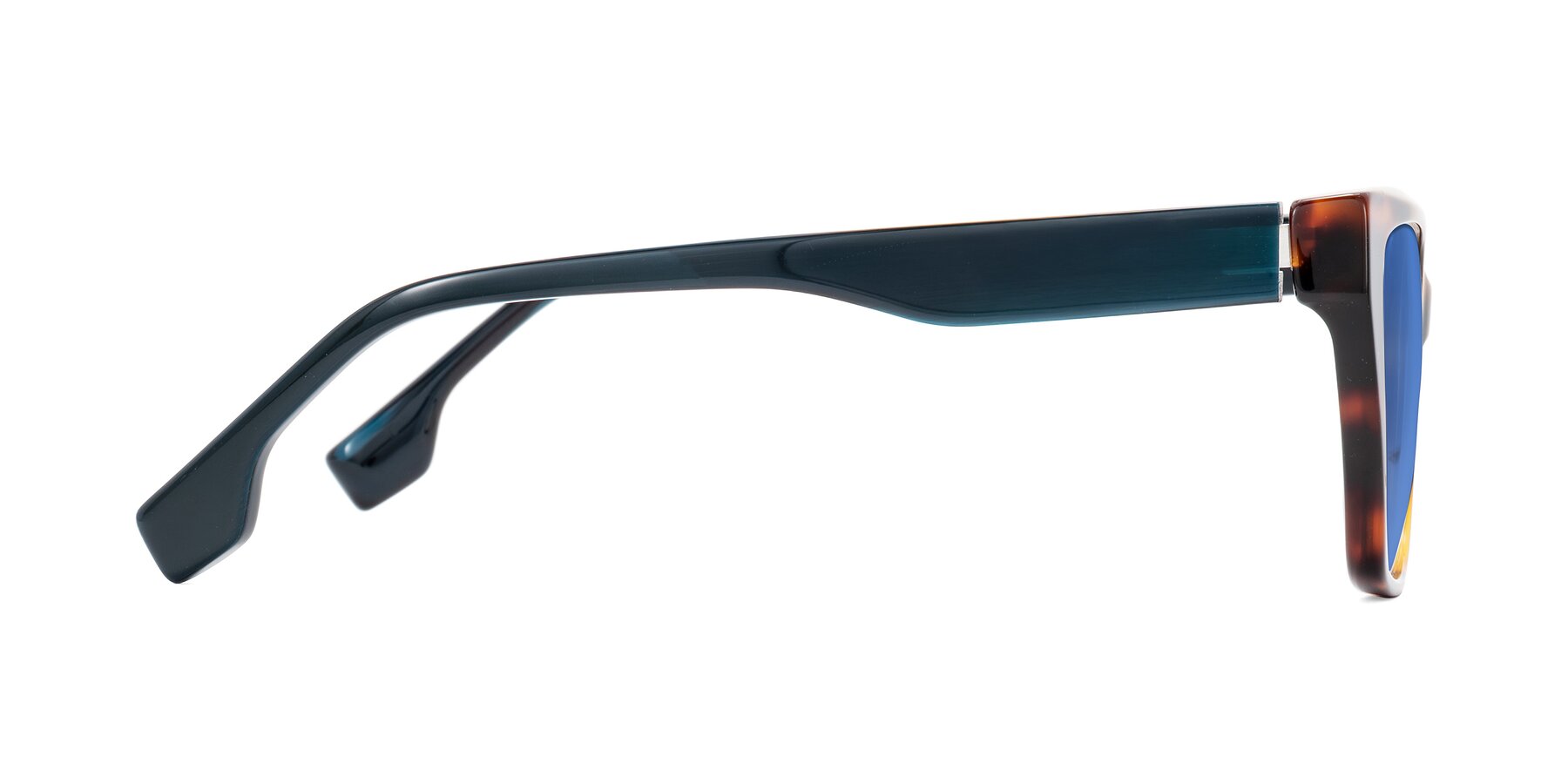 Side of Gwee in Trortoise/Teal Striped with Blue Tinted Lenses