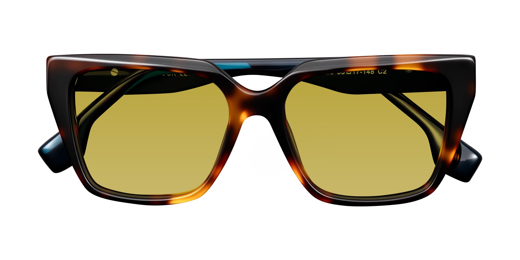 Folded Front of Gwee in Trortoise/Teal Striped with Champagne Tinted Lenses