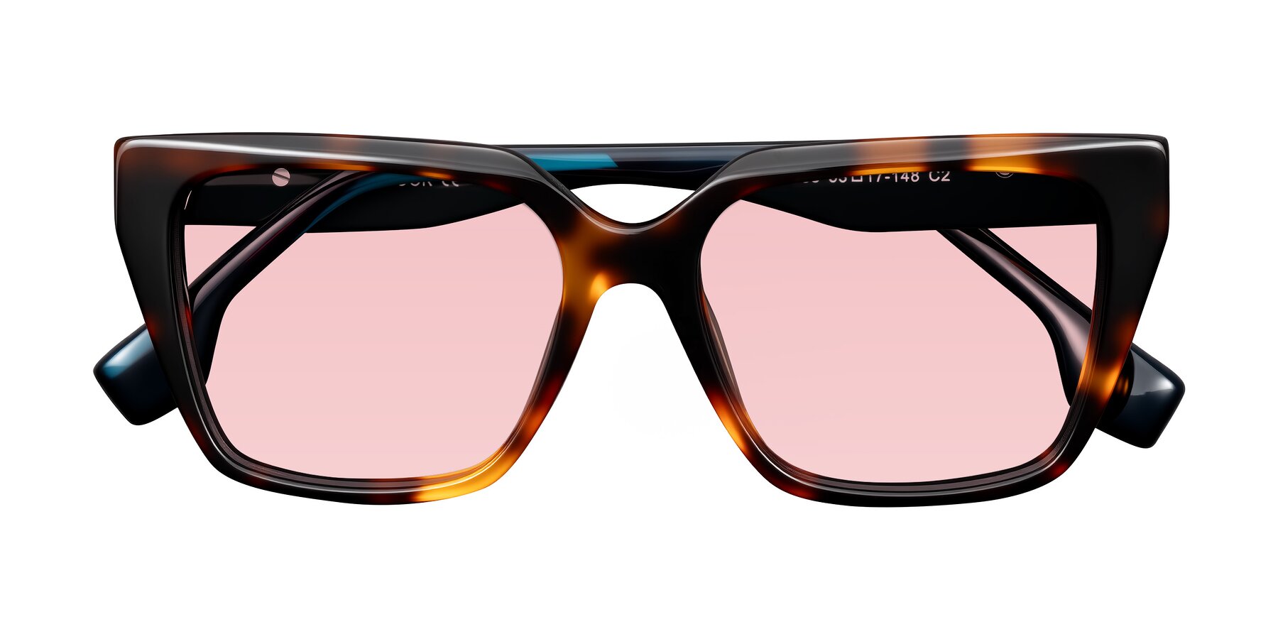 Folded Front of Gwee in Trortoise/Teal Striped with Light Garnet Tinted Lenses