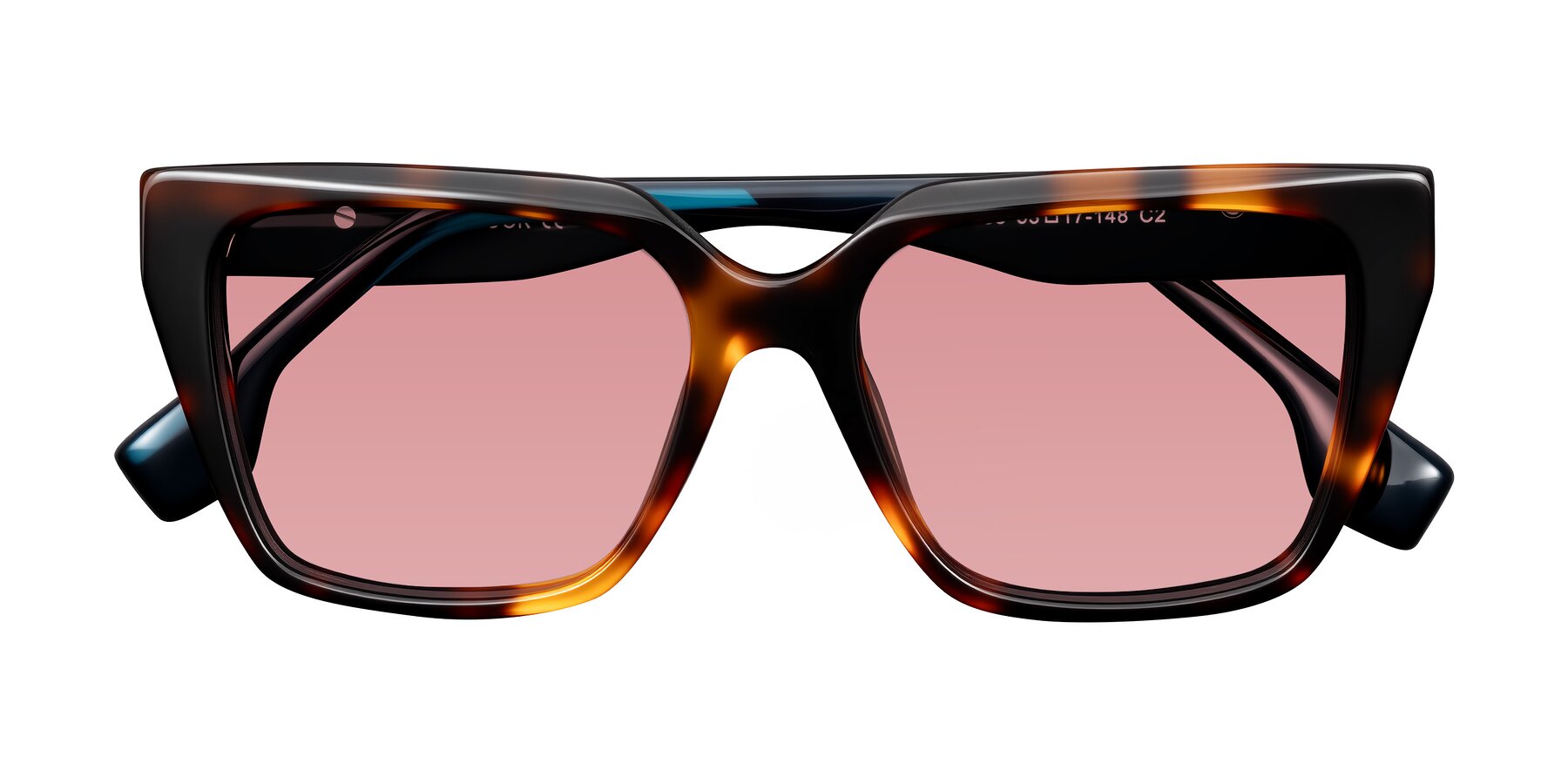 Folded Front of Gwee in Trortoise/Teal Striped with Medium Garnet Tinted Lenses